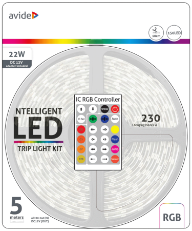 Avide LED traka sa daljinskim upravljačem,RGB,22W,12V,5 met.,IP65 - ABLSBL12V5050-30RGB-IC65