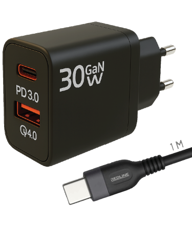 REDLINE Punjač sa USB-C kablom,  1 x USB-A, 1 x USB-C, 30W - GL30AC+CC-1M