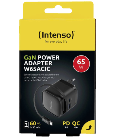 (Intenso) Punjač kučni sa type C kabelom, brzi, 1xUSB-A, 1xUCB-C, 65W - Power Adapter W65ACIC GaN Black