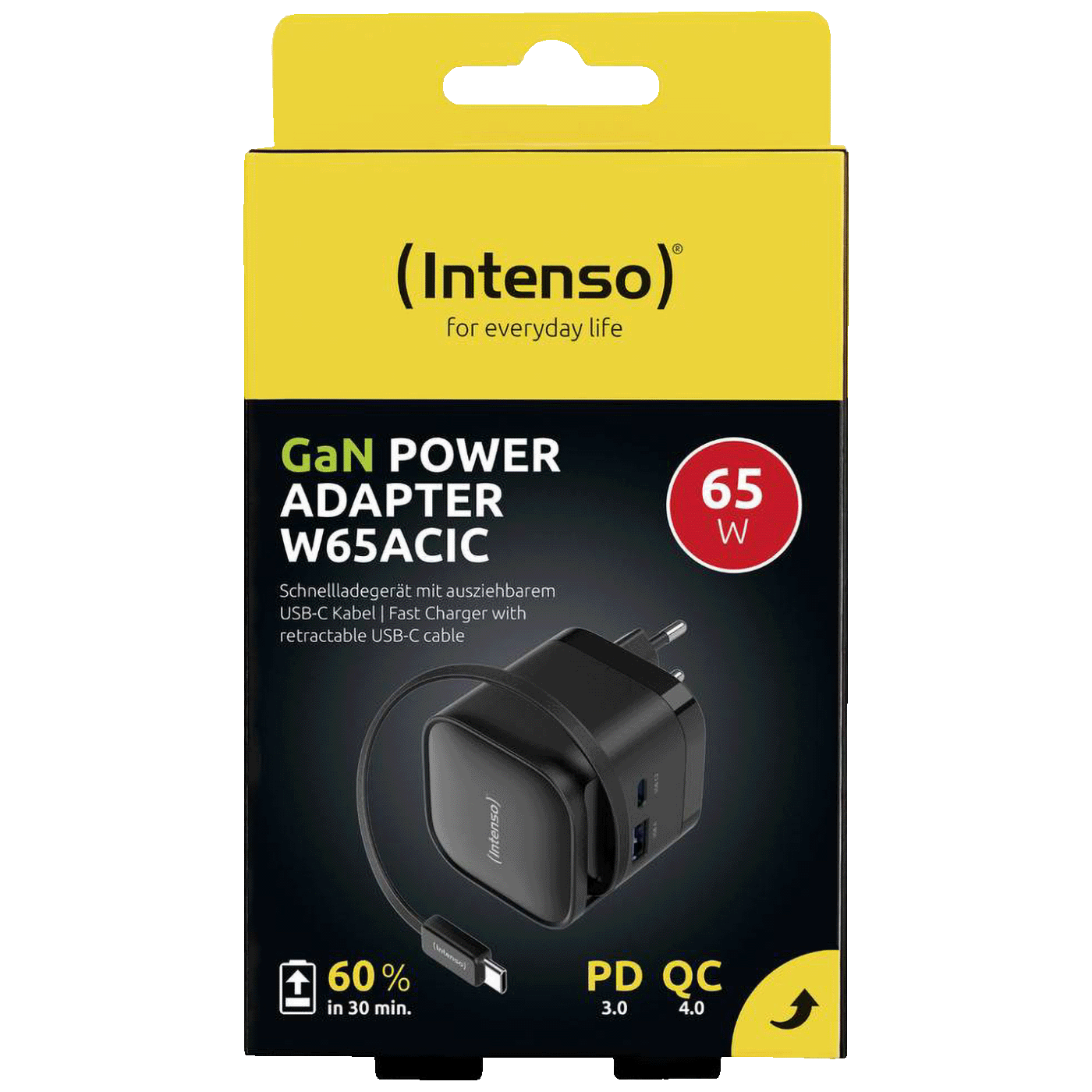 (Intenso) Punjač kučni sa type C kabelom, brzi, 1xUSB-A, 1xUCB-C, 65W - Power Adapter W65ACIC GaN Black