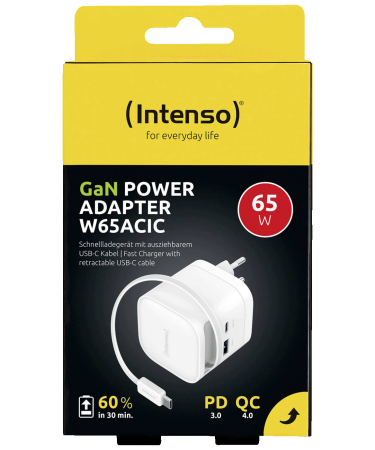 (Intenso) Punjač kučni sa type C kabelom, brzi, 1xUSB-A, 1xUCB-C, 65W - Power Adapter W65ACIC GaN White