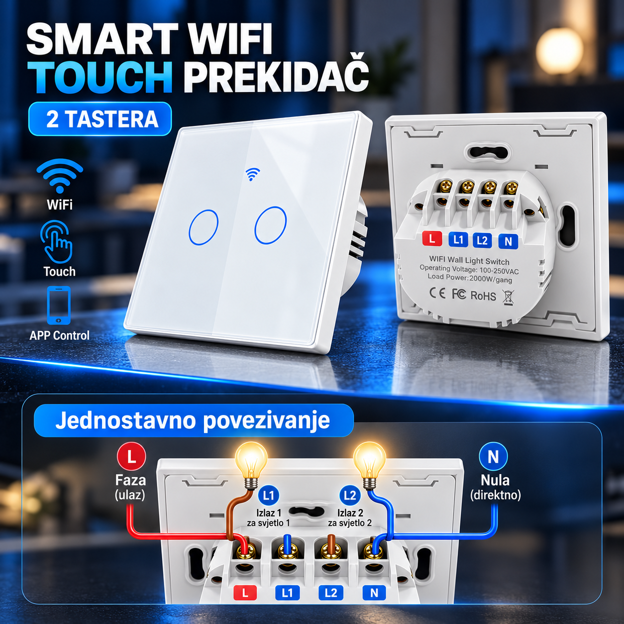 Smart Wifi Touch prekidač 2 taster - Image 3